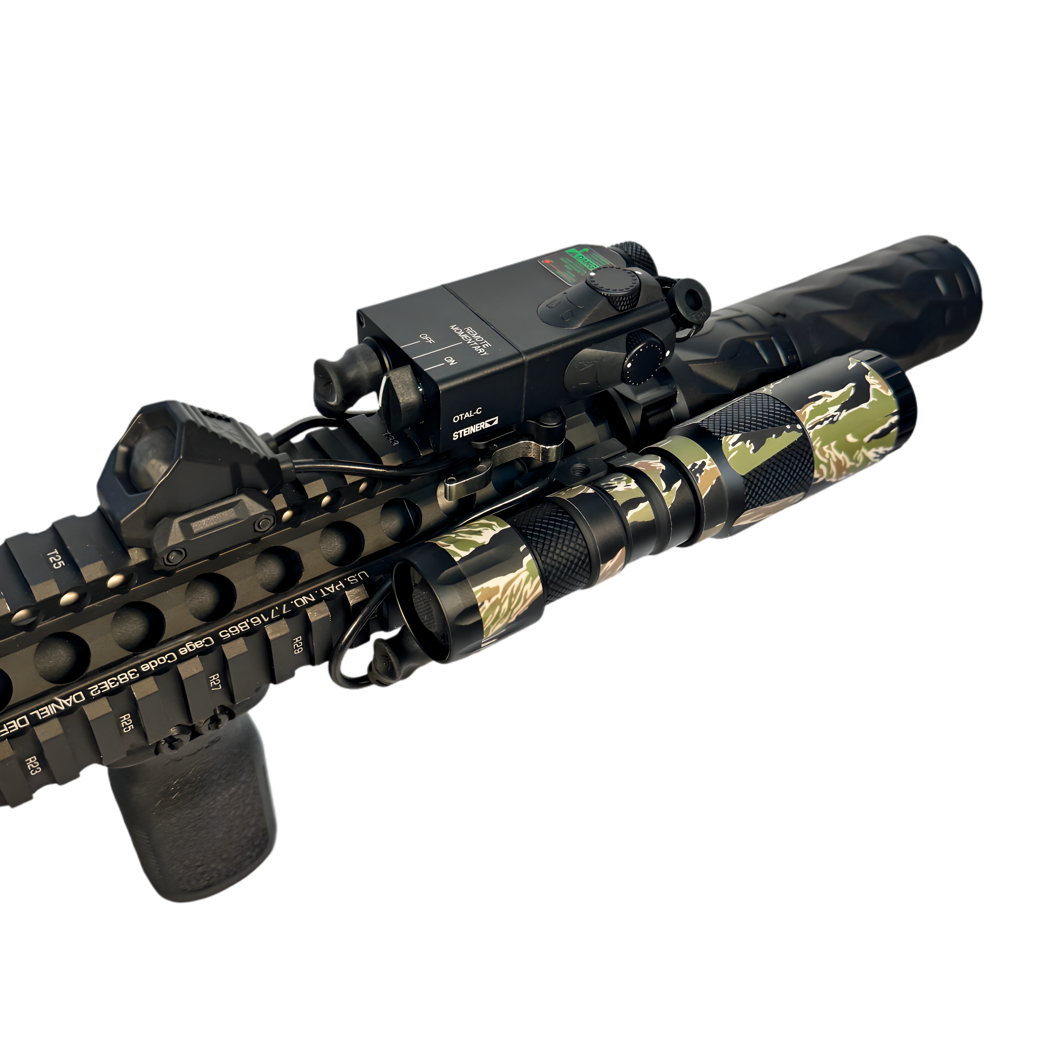 Camouflage rifle with mounted scope and flashlight on a white background